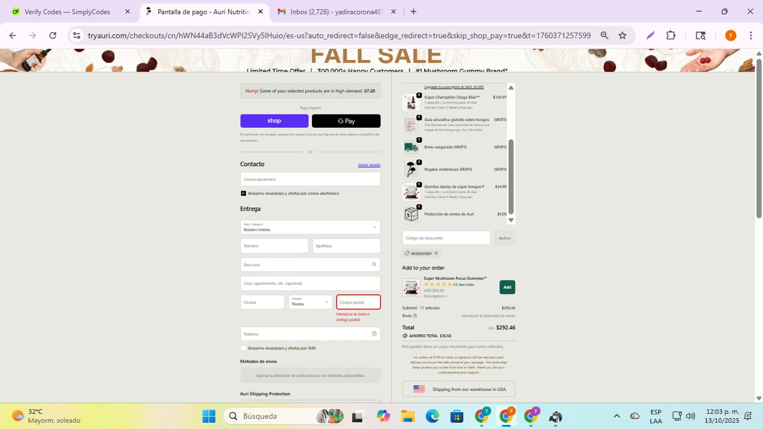 Auri Nutrition coupon code screenshot showing code MISSNIINEY applied at Auri Nutrition checkout page. Uploaded by SimplyCodes community member ycg487 on Oct 13, 2025