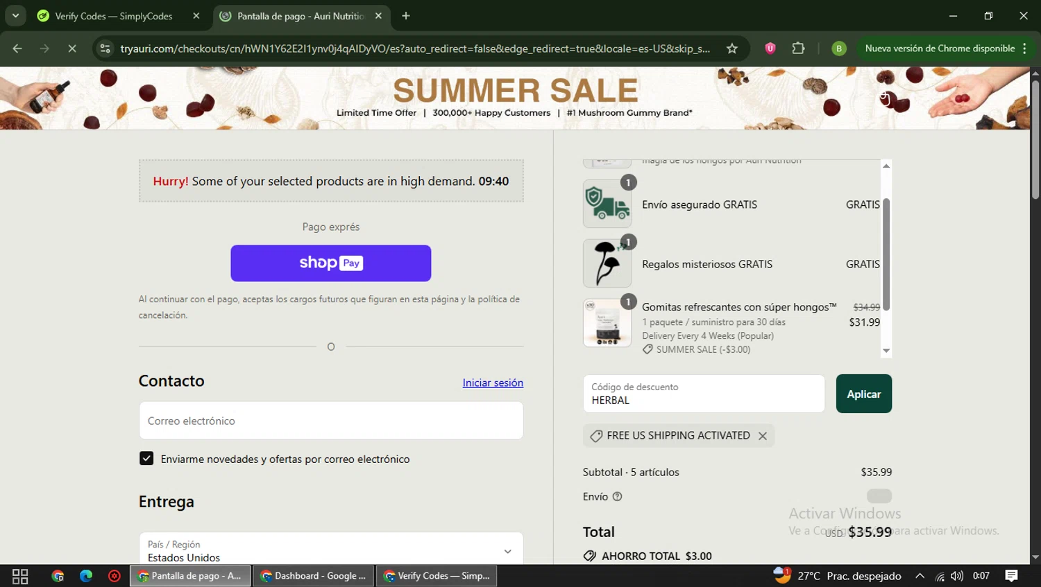 Auri Nutrition coupon code screenshot showing code HERBAL applied at Auri Nutrition checkout page. Uploaded by SimplyCodes community member RoyalAdmiral5066 on Aug 8, 2025