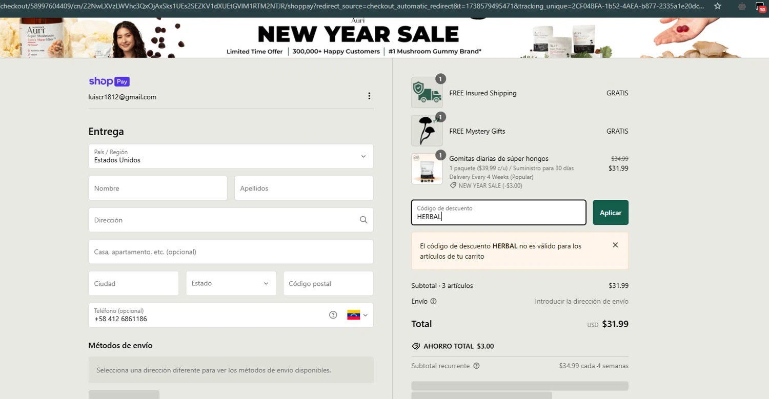 Auri Nutrition coupon code screenshot showing code HERBAL applied at Auri Nutrition checkout page. Uploaded by SimplyCodes community member PrimeFalcon5548 on Feb 3, 2025