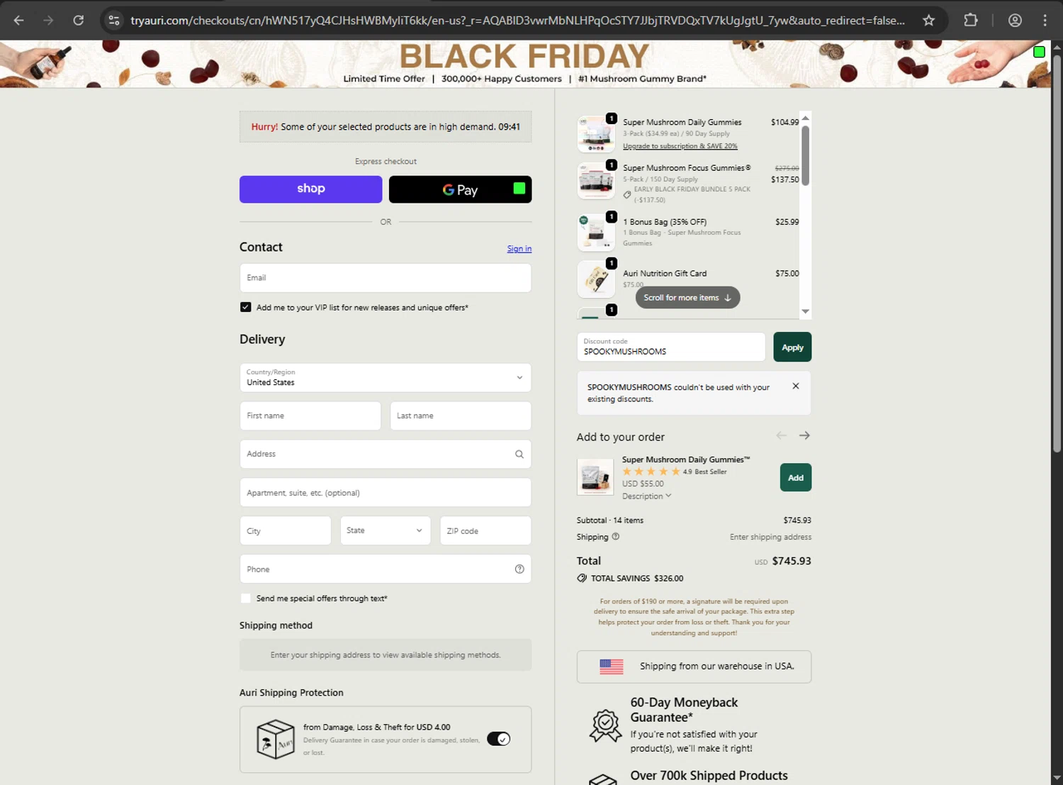 Auri Nutrition coupon code screenshot showing code SPOOKYMUSHROOMS applied at Auri Nutrition checkout page. Uploaded by SimplyCodes community member anthonyramirez1 on Nov 7, 2025