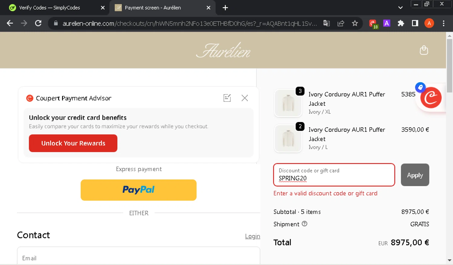 Aurélien promo code screenshot showing code SPRING20 applied at Aurélien checkout page. Uploaded by SimplyCodes community member GloriousOwl8819 on Nov 27, 2025