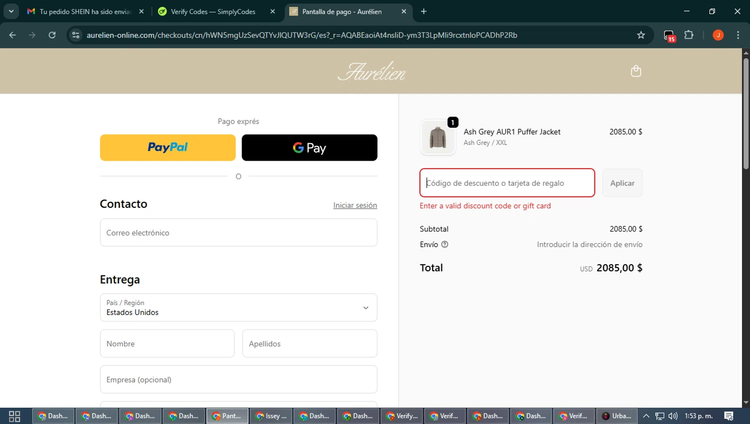 Aurélien promo code screenshot showing code SPRING20 applied at Aurélien checkout page. Uploaded by SimplyCodes community member NobleAce2304 on Nov 27, 2025