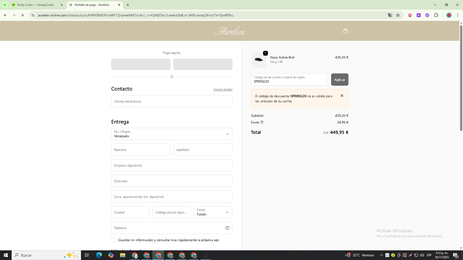Aurélien promo code screenshot showing code SPRING20 applied at Aurélien checkout page. Uploaded by SimplyCodes community member Richard_Miller on Nov 18, 2025