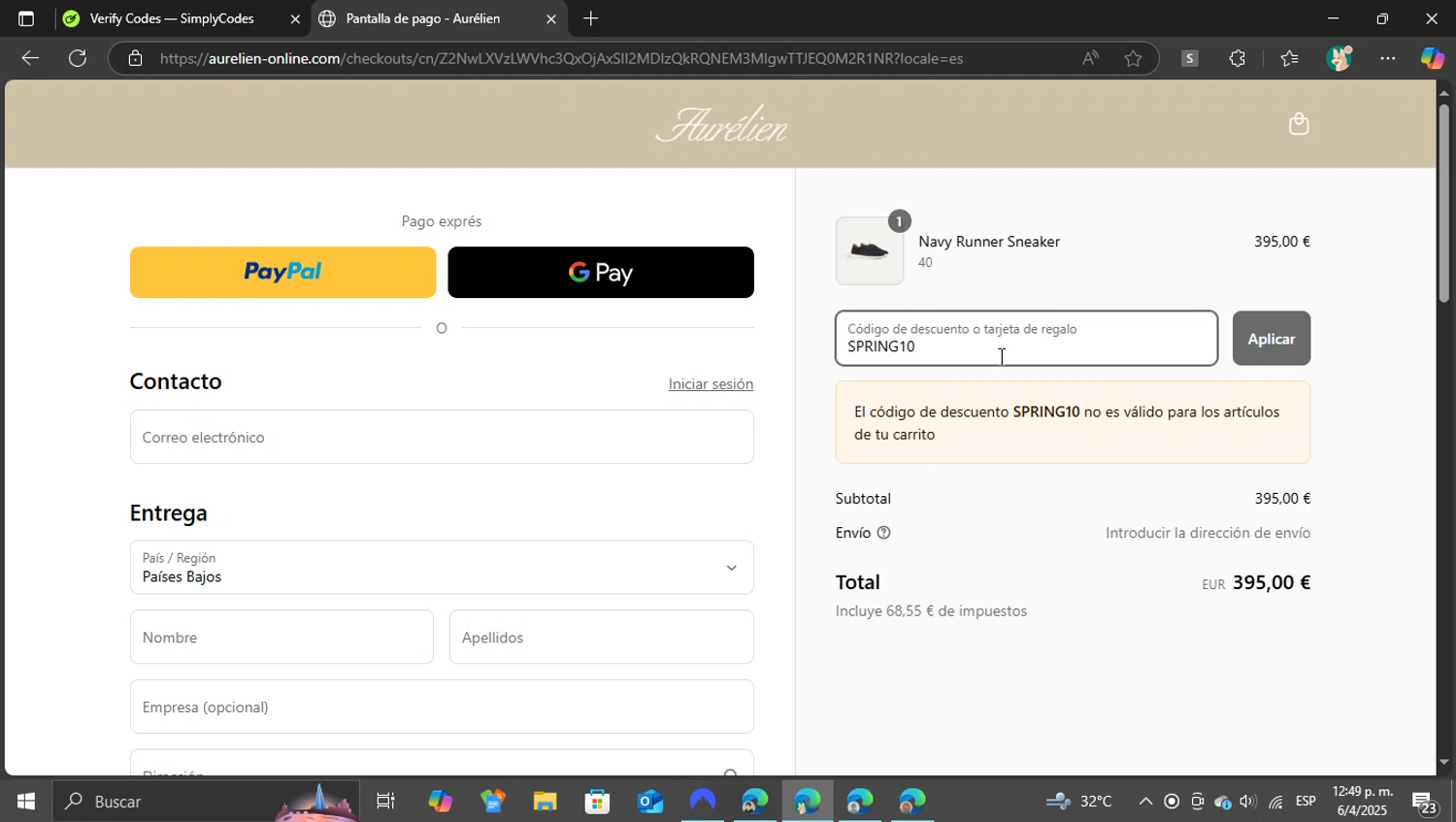 Aurélien promo code screenshot showing code SPRING10 applied at Aurélien checkout page. Uploaded by SimplyCodes community member arminarlet on Apr 6, 2025