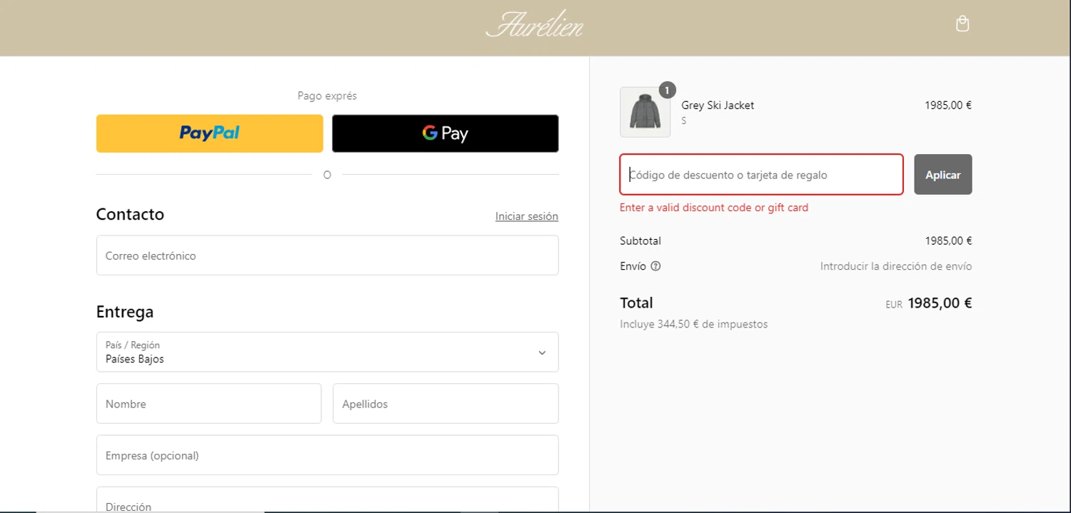 Aurélien promo code screenshot showing code SHIPFREE applied at Aurélien checkout page. Uploaded by SimplyCodes community member CoinWarden5517 on Jan 1, 2025