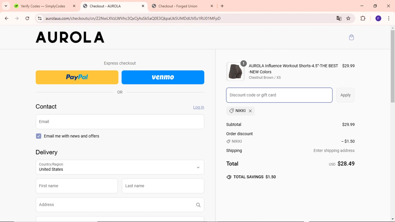 AUROLA discount code screenshot showing code NIKKI applied at AUROLA checkout page. Uploaded by SimplyCodes community member MightyCaptain635 on Mar 10, 2025