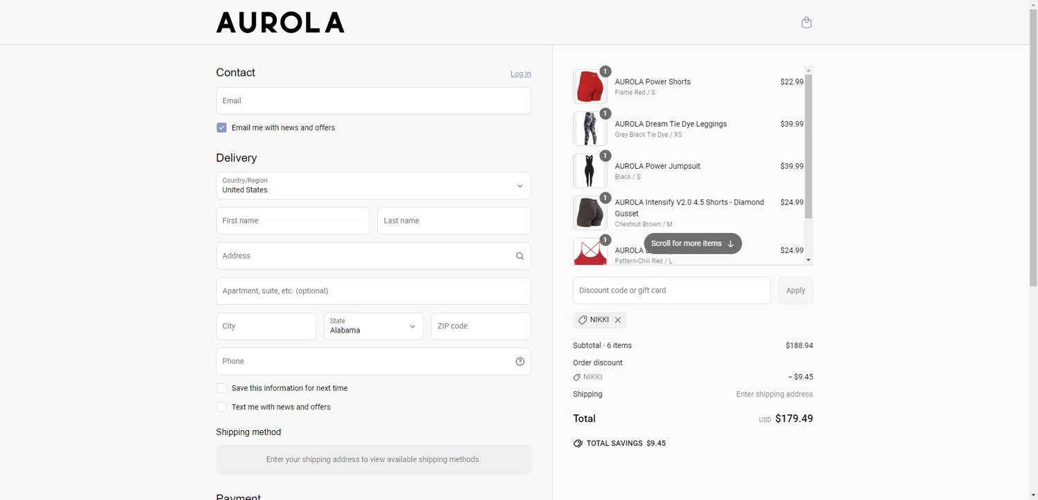 AUROLA discount code screenshot showing code NIKKI applied at AUROLA checkout page. Uploaded by SimplyCodes community member TreasureKnight4134 on May 29, 2025