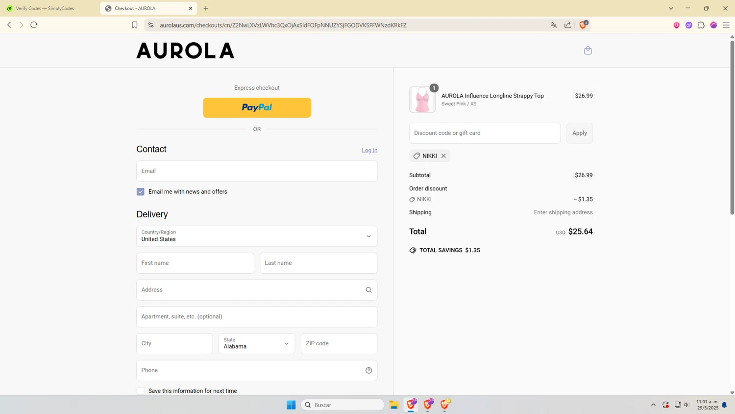 AUROLA discount code screenshot showing code NIKKI applied at AUROLA checkout page. Uploaded by SimplyCodes community member VictoriousDefender7352 on May 29, 2025