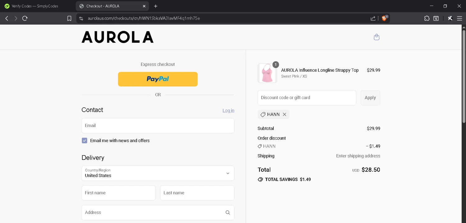 AUROLA discount code screenshot showing code HANN applied at AUROLA checkout page. Uploaded by SimplyCodes community member MadaraUchiha07 on Aug 5, 2025