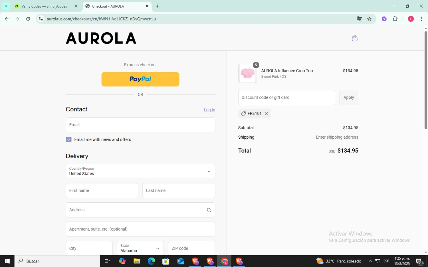 AUROLA discount code screenshot showing code FRE101 applied at AUROLA checkout page. Uploaded by SimplyCodes community member SilverFox3257 on Aug 13, 2025