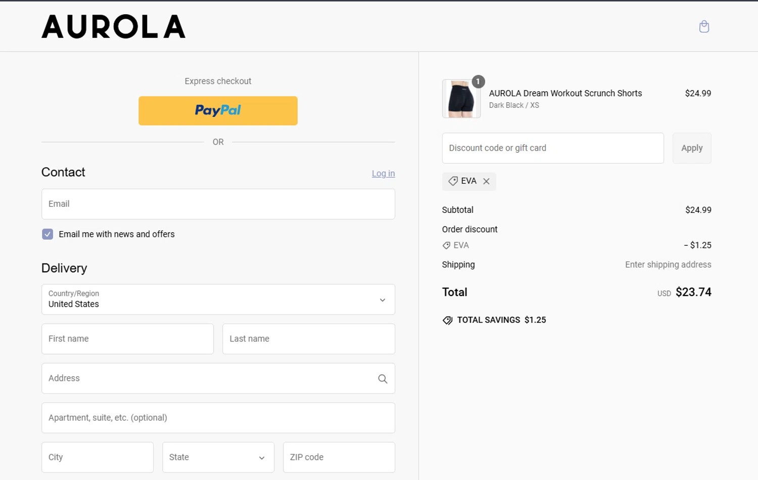 AUROLA discount code screenshot showing code EVA applied at AUROLA checkout page. Uploaded by SimplyCodes community member TokenNavigator6891 on Feb 20, 2025