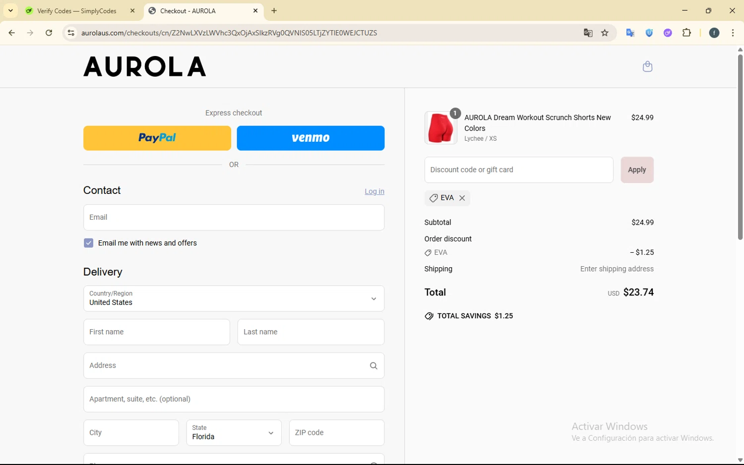 AUROLA discount code screenshot showing code EVA applied at AUROLA checkout page. Uploaded by SimplyCodes community member SmartElite7457 on Jun 19, 2025