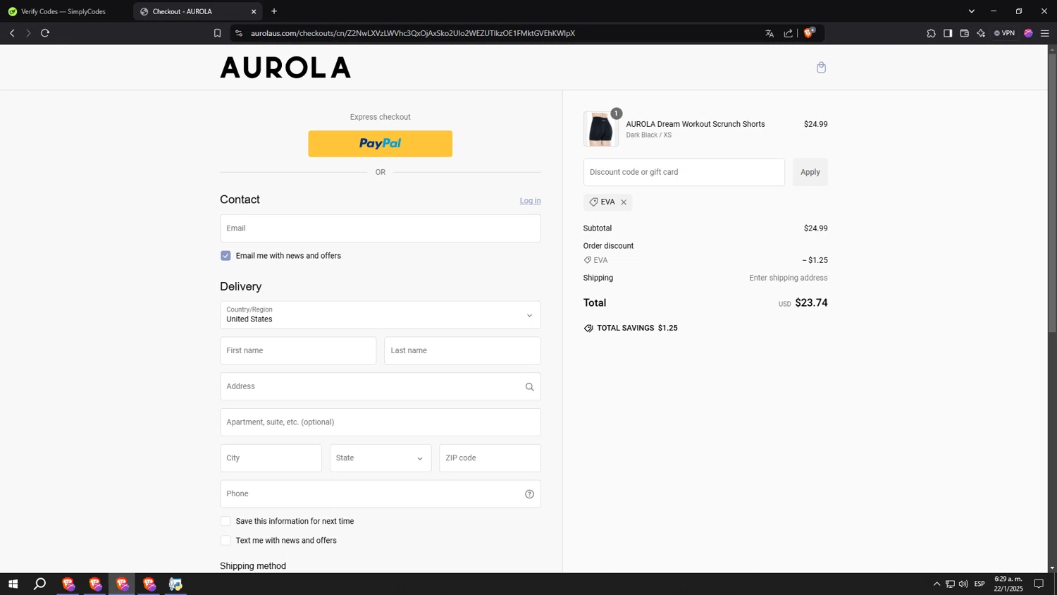 AUROLA discount code screenshot showing code EVA applied at AUROLA checkout page. Uploaded by SimplyCodes community member SinManosFast on Jan 22, 2025