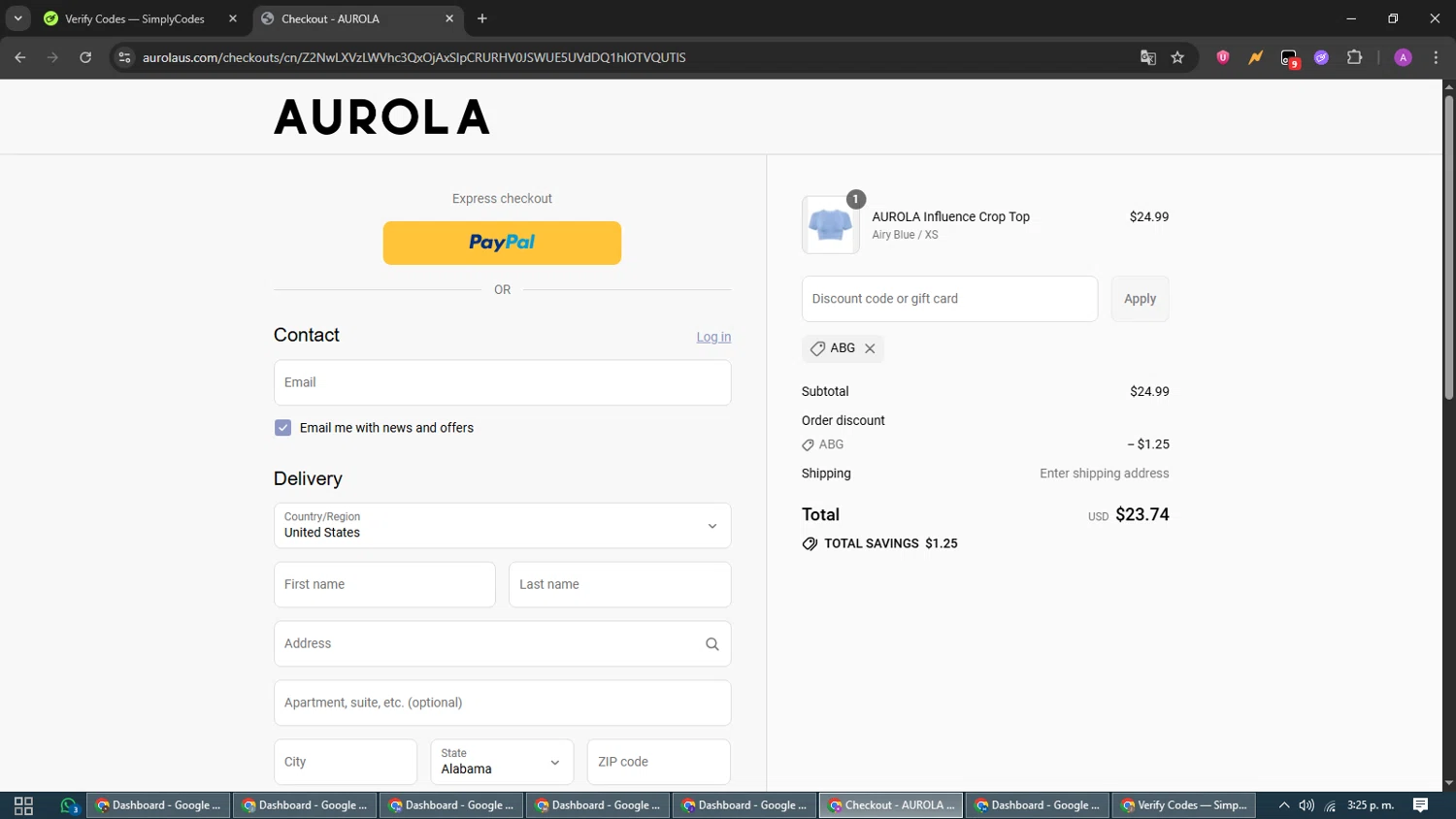 AUROLA discount code screenshot showing code ABG applied at AUROLA checkout page. Uploaded by SimplyCodes community member CouponScout5403 on Jul 4, 2025