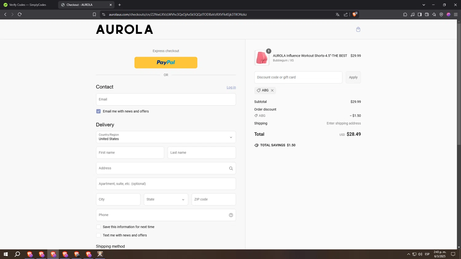 AUROLA discount code screenshot showing code ABG applied at AUROLA checkout page. Uploaded by SimplyCodes community member SinManosFast on Mar 6, 2025
