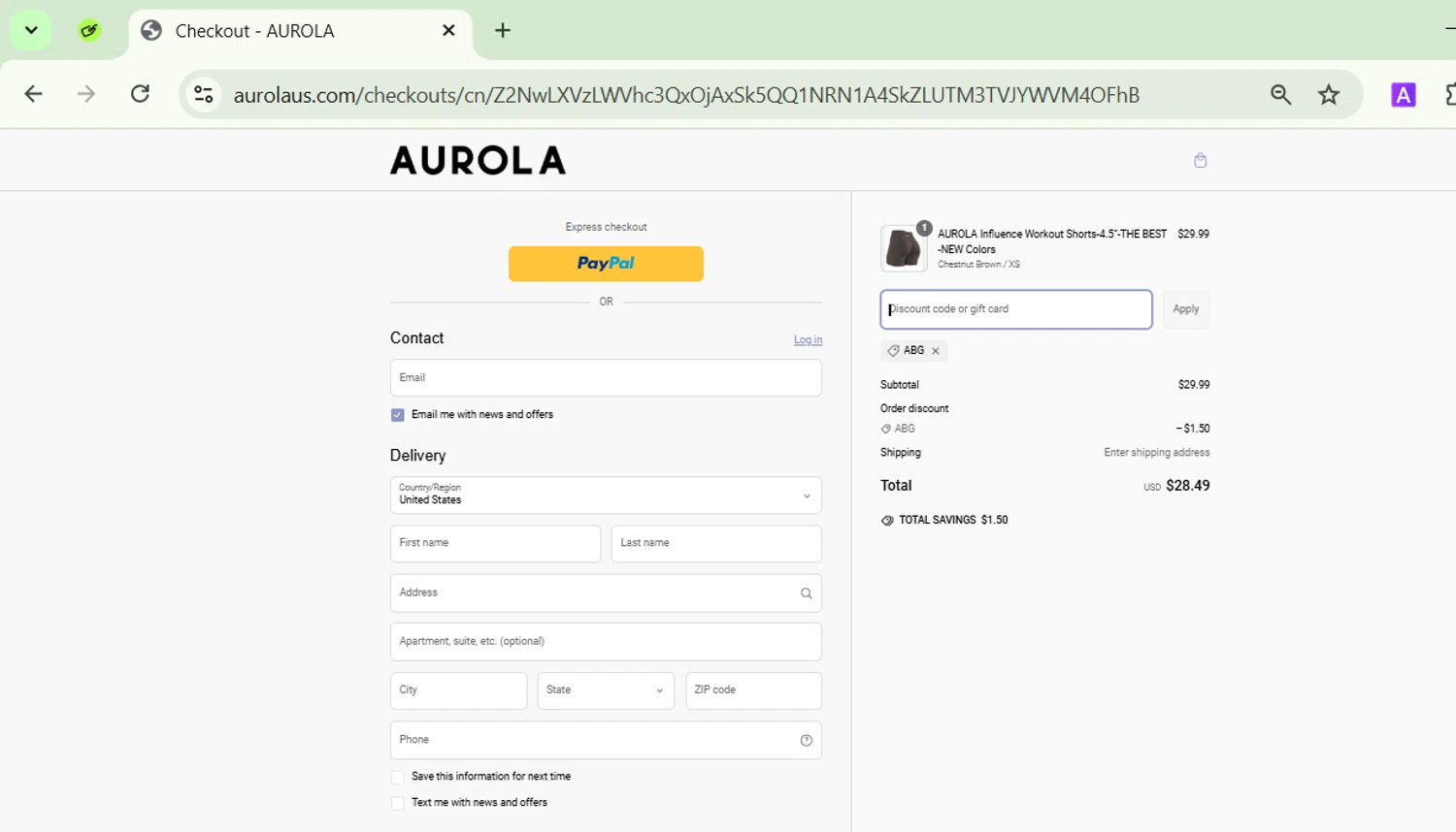 AUROLA discount code screenshot showing code ABG applied at AUROLA checkout page. Uploaded by SimplyCodes community member CodeVirtuoso1353 on Mar 6, 2025