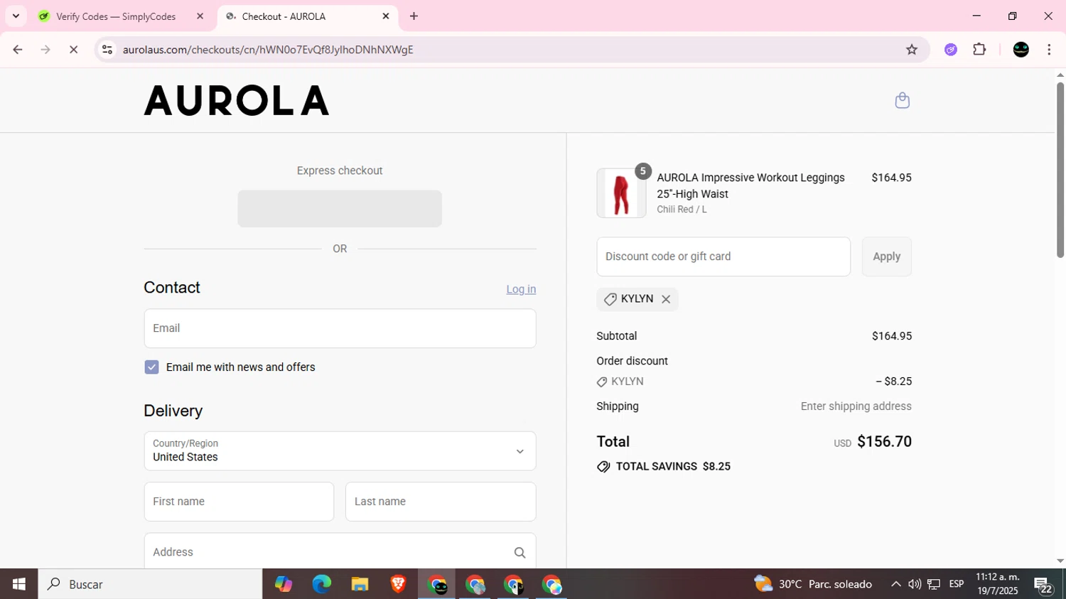 AUROLA discount code screenshot showing code KYLYN applied at AUROLA checkout page. Uploaded by SimplyCodes community member BargainWizard5755 on Jul 19, 2025