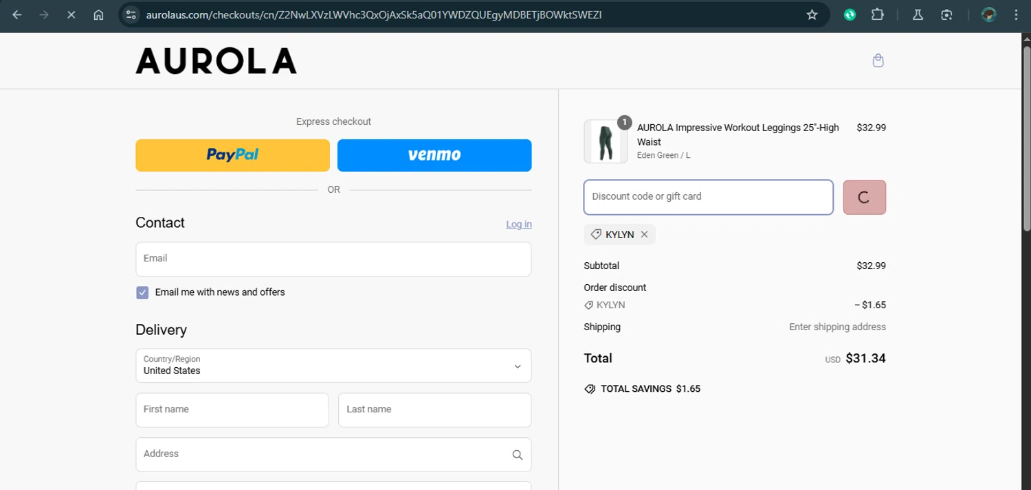 AUROLA discount code screenshot showing code KYLYN applied at AUROLA checkout page. Uploaded by SimplyCodes community member MariaCorinaMachado on Mar 10, 2025