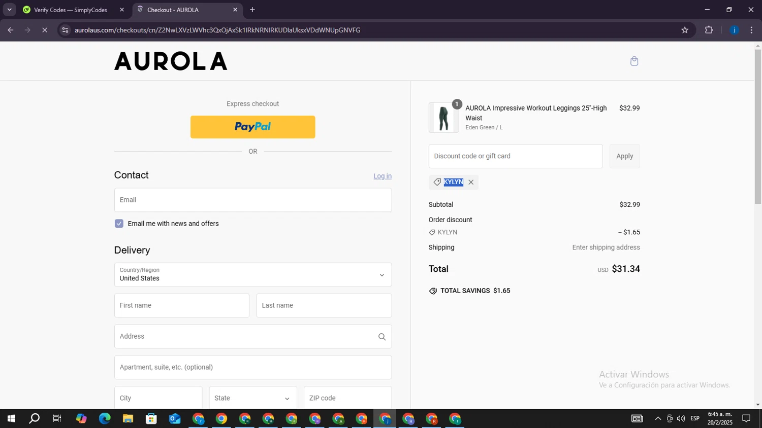 AUROLA discount code screenshot showing code KYLYN applied at AUROLA checkout page. Uploaded by SimplyCodes community member CrownElite7615 on Feb 20, 2025