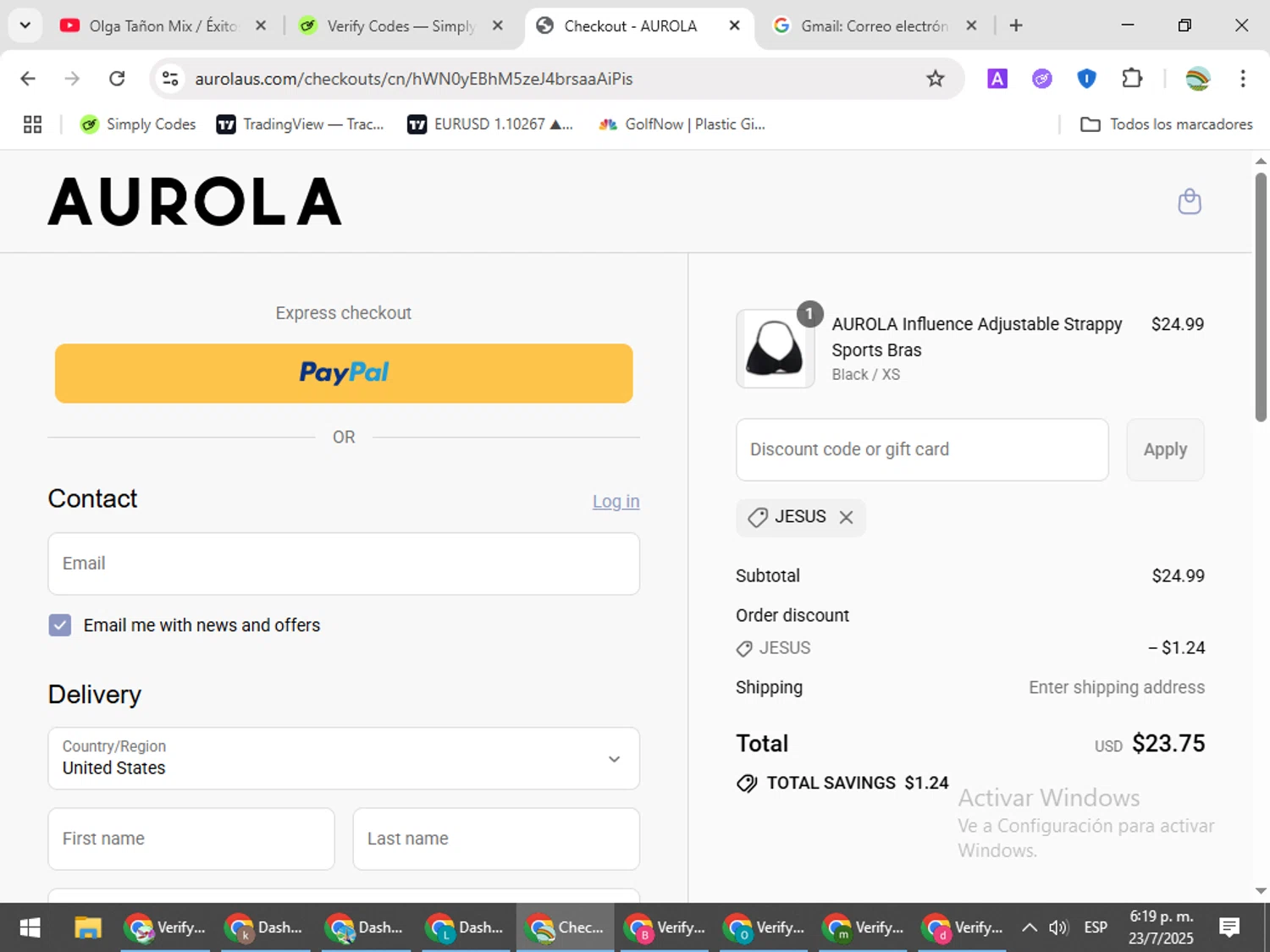 AUROLA discount code screenshot showing code JESUS applied at AUROLA checkout page. Uploaded by SimplyCodes community member CoinMaven5220 on Jul 23, 2025