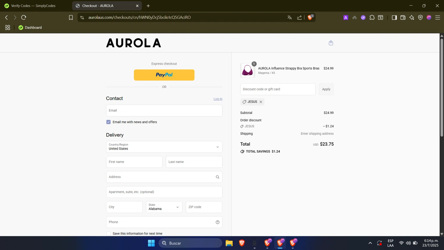 AUROLA discount code screenshot showing code JESUS applied at AUROLA checkout page. Uploaded by SimplyCodes community member SwiftTracker9305 on Jul 23, 2025