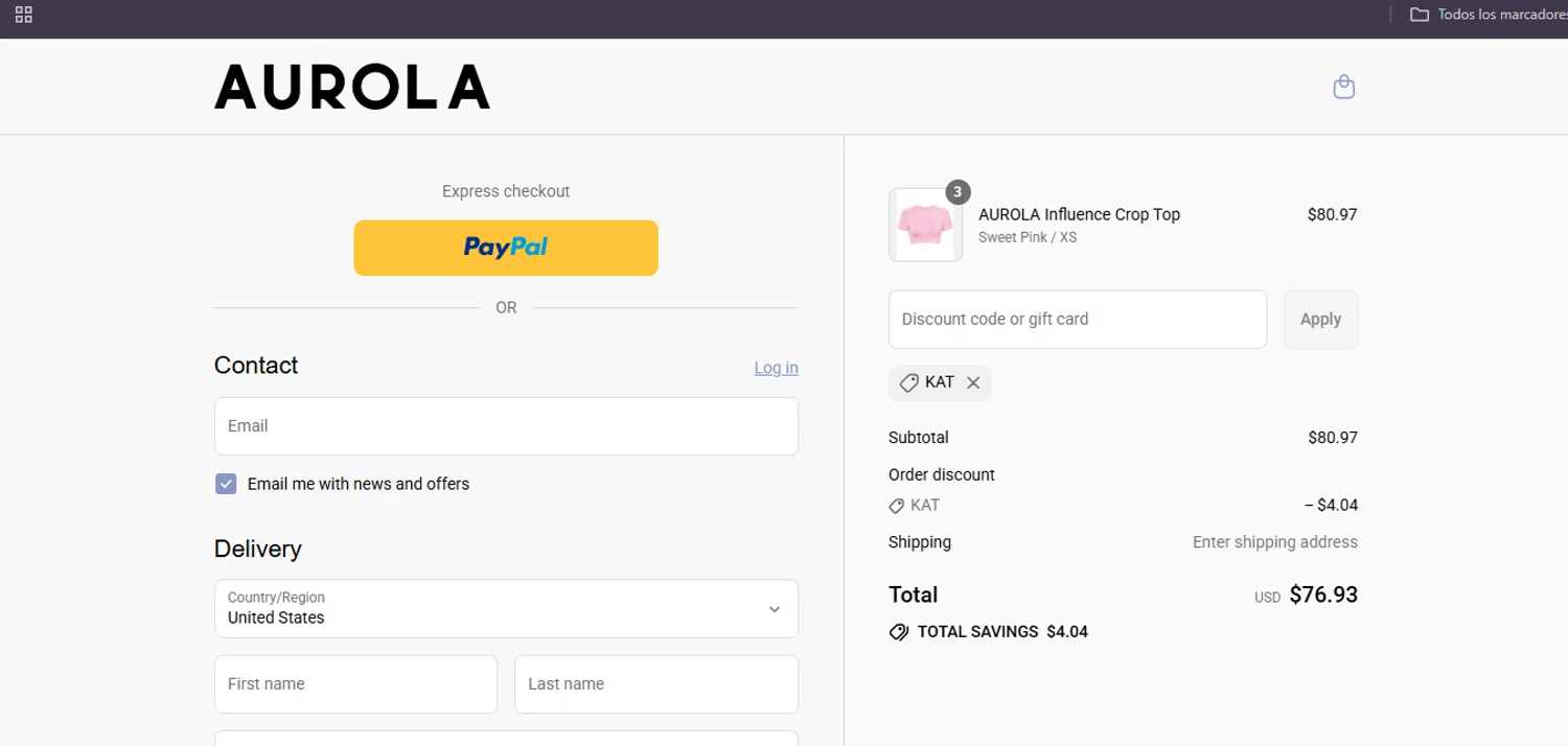 AUROLA discount code screenshot showing code KAT applied at AUROLA checkout page. Uploaded by SimplyCodes community member Egni_149037891 on Jul 28, 2025