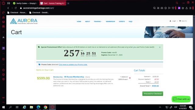 Aurora Training Advantage checkout page showing Aurora Training Advantage promo code box | Screenshot taken by SimplyCodes community member on Apr 18, 2025