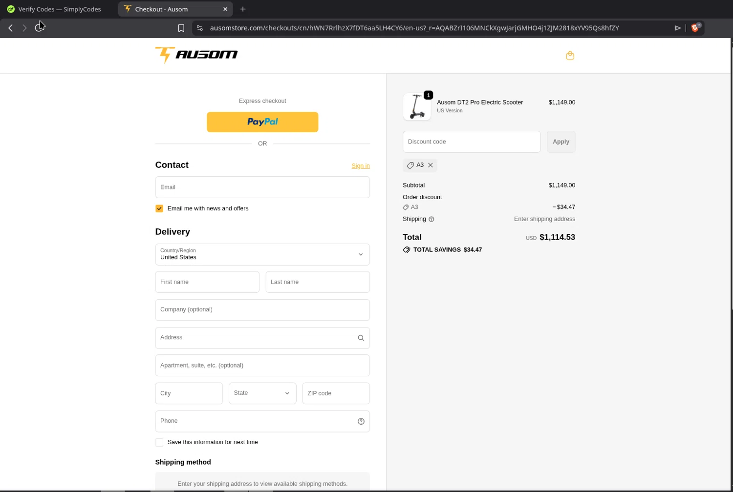 Ausom checkout page showing Ausom discount code box | Screenshot taken by SimplyCodes community member on Jan 10, 2026