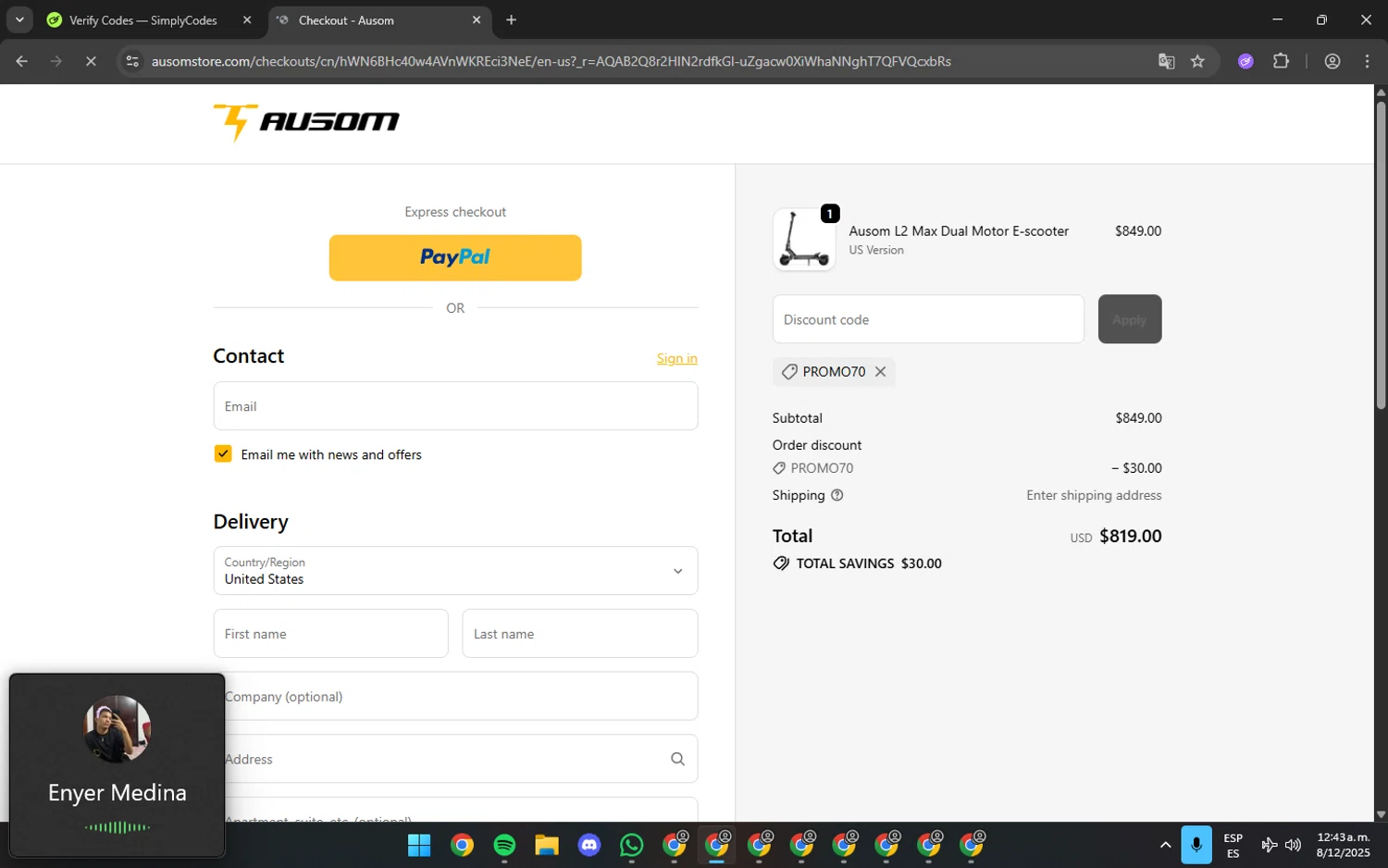 Ausom discount code screenshot showing code PROMO70 applied at Ausom checkout page. Uploaded by SimplyCodes community member MagnificentWarden9242 on Dec 8, 2025