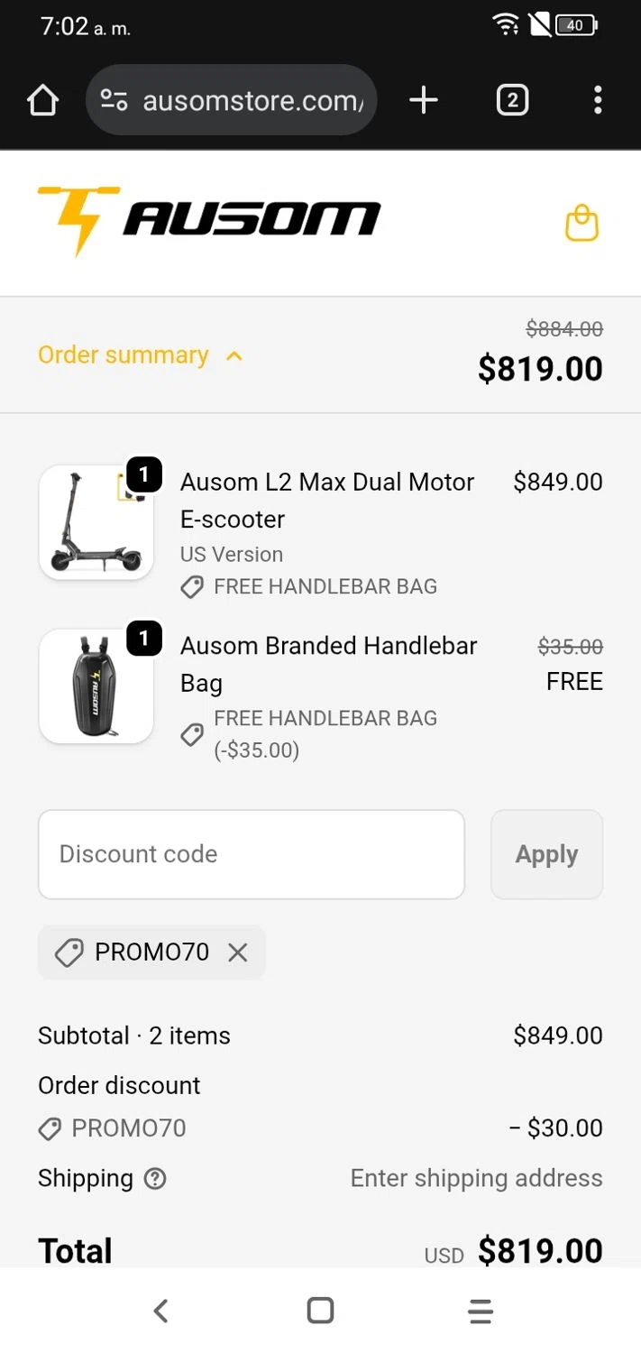 Ausom discount code screenshot showing code PROMO70 applied at Ausom checkout page. Uploaded by SimplyCodes community member RoyalSpotter5217 on Nov 30, 2025