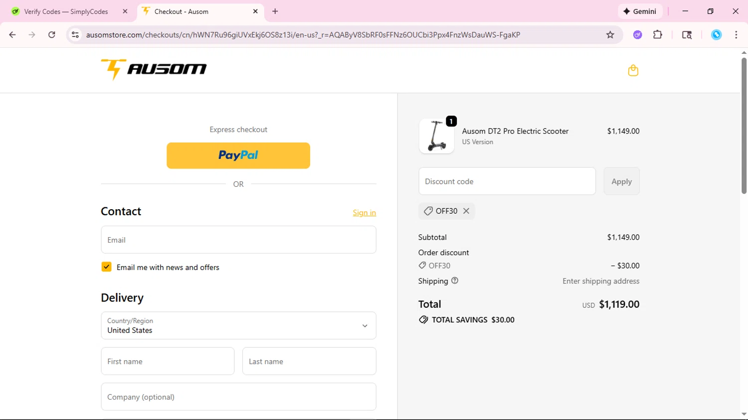 Ausom checkout page showing Ausom discount code box | Screenshot taken by SimplyCodes community member on Jan 10, 2026