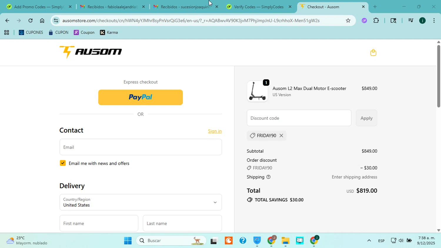 Ausom discount code screenshot showing code FRIDAY90 applied at Ausom checkout page. Uploaded by SimplyCodes community member ABHF23 on Dec 9, 2025