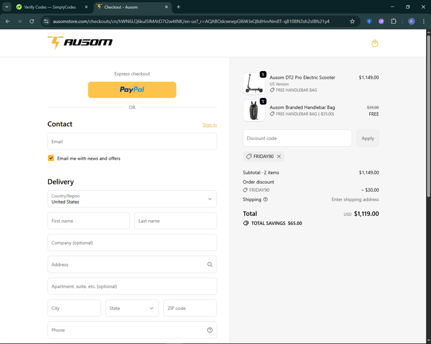 Ausom discount code screenshot showing code FRIDAY90 applied at Ausom checkout page. Uploaded by SimplyCodes community member KevLapage on Dec 12, 2025