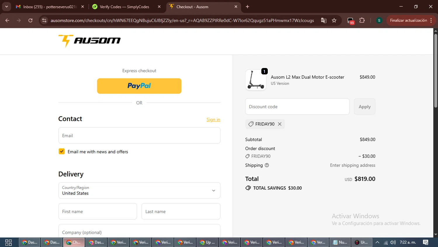 Ausom discount code screenshot showing code FRIDAY90 applied at Ausom checkout page. Uploaded by SimplyCodes community member ShrewdAce7935 on Dec 6, 2025