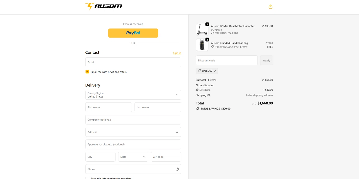 Ausom discount code screenshot showing code SPEED60 applied at Ausom checkout page. Uploaded by SimplyCodes community member BrilliantVoyager5752 on Dec 6, 2025