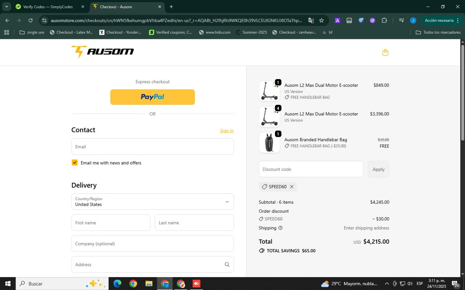Ausom discount code screenshot showing code SPEED60 applied at Ausom checkout page. Uploaded by SimplyCodes community member Xemocodes on Nov 24, 2025
