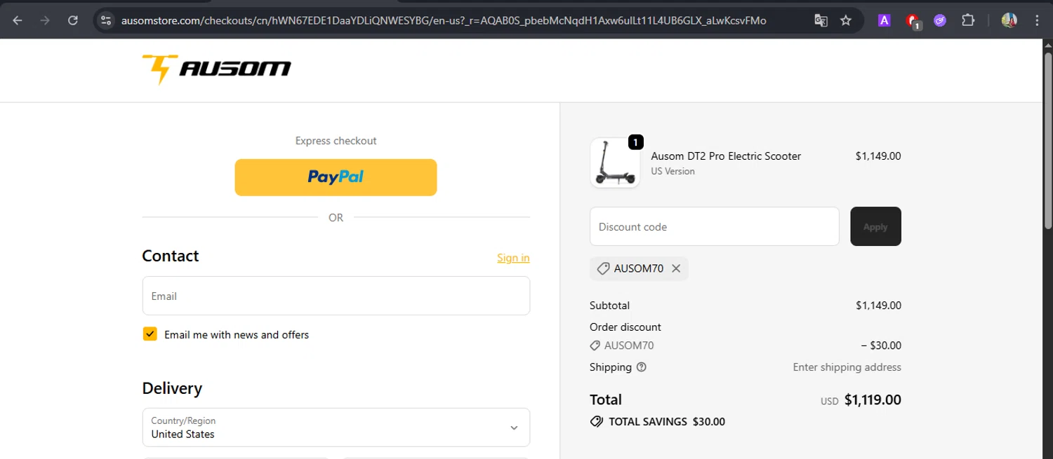 Ausom discount code screenshot showing code AUSOM70 applied at Ausom checkout page. Uploaded by SimplyCodes community member BrilliantFox7966 on Dec 6, 2025