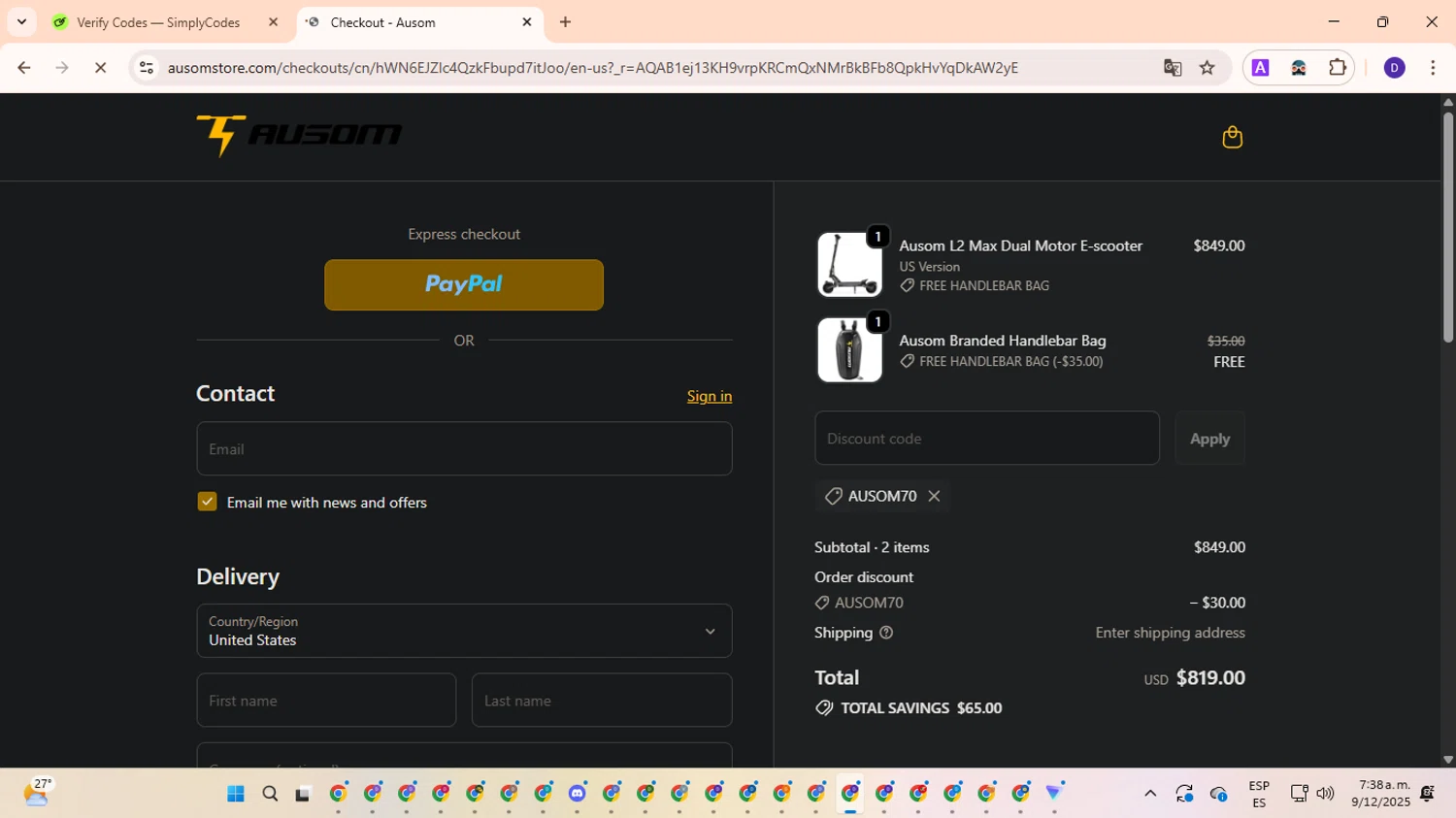 Ausom discount code screenshot showing code AUSOM70 applied at Ausom checkout page. Uploaded by SimplyCodes community member PromoLion4240 on Dec 9, 2025