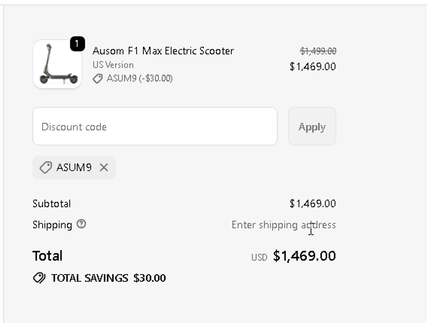 Ausom discount code screenshot showing code asum9 applied at Ausom checkout page. Uploaded by SimplyCodes community member RebateAdmiral9697 on Oct 28, 2025