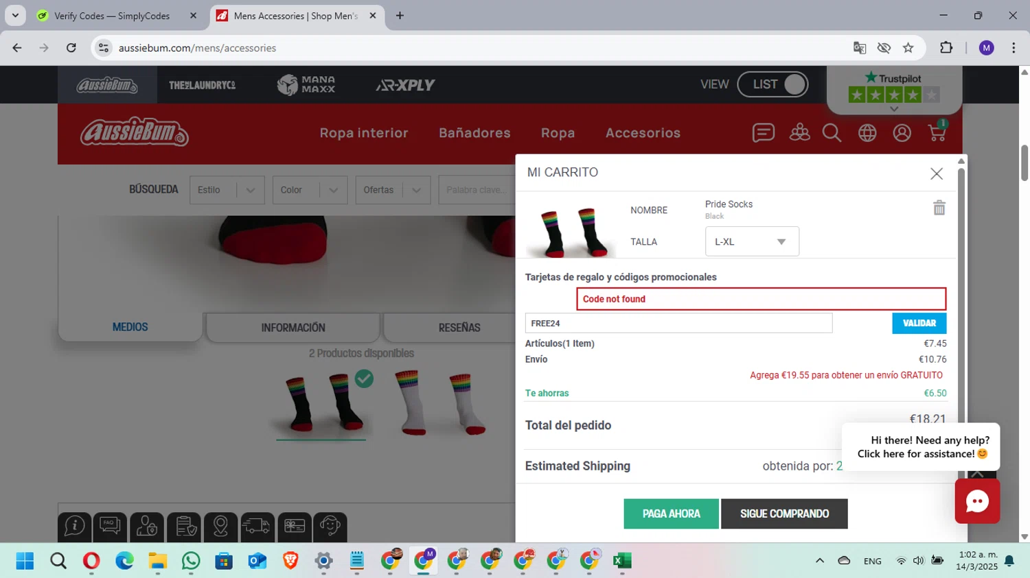 AussieBum promo code screenshot showing code FREE24 applied at AussieBum checkout page. Uploaded by SimplyCodes community member MarielisPb on Mar 14, 2025