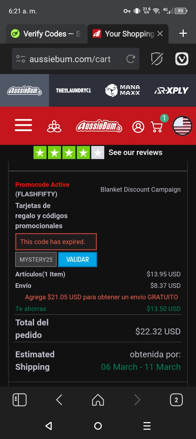 AussieBum promo code screenshot showing code MYSTERY25CL applied at AussieBum checkout page. Uploaded by SimplyCodes community member CarmenVGR on Mar 1, 2025