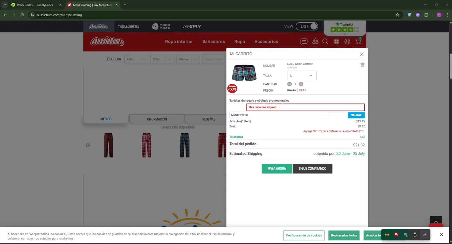AussieBum promo code screenshot showing code MYSTERY25CL applied at AussieBum checkout page. Uploaded by SimplyCodes community member PennyWizard1195 on Jun 25, 2025