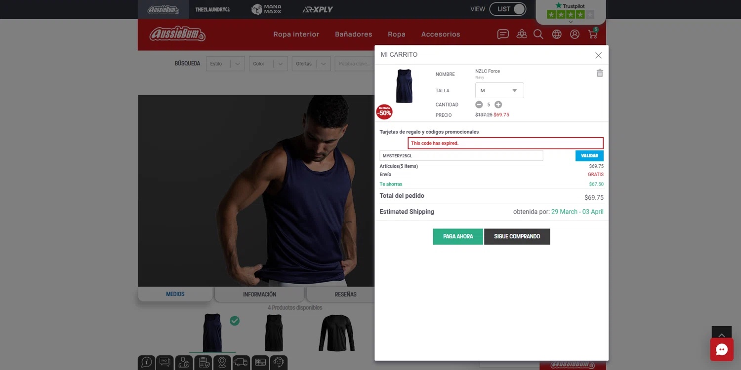 AussieBum promo code screenshot showing code MYSTERY25CL applied at AussieBum checkout page. Uploaded by SimplyCodes community member BrilliantVoyager5752 on Mar 24, 2025