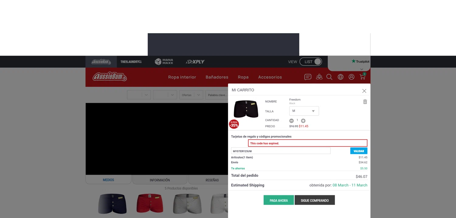 AussieBum promo code screenshot showing code MYSTERY25UW applied at AussieBum checkout page. Uploaded by SimplyCodes community member CleverHawk1744 on Mar 1, 2025