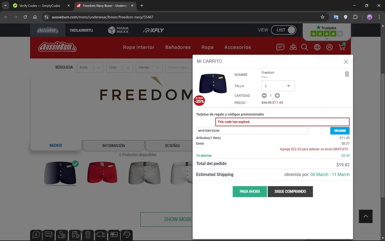 AussieBum promo code screenshot showing code MYSTERY25UW applied at AussieBum checkout page. Uploaded by SimplyCodes community member CrownMaestro9486 on Mar 1, 2025