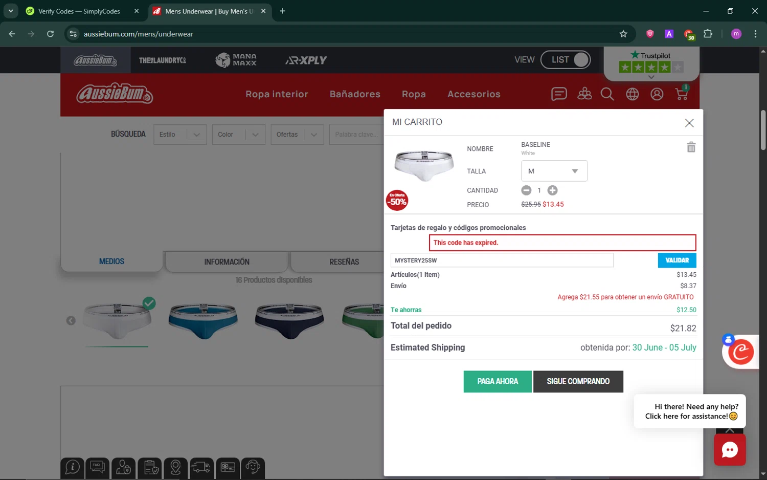 AussieBum promo code screenshot showing code MYSTERY25SW applied at AussieBum checkout page. Uploaded by SimplyCodes community member TokenChaser4876 on Jun 25, 2025