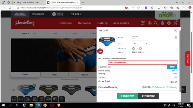 AussieBum checkout page showing AussieBum promo code box | Screenshot taken by SimplyCodes community member on Feb 3, 2025