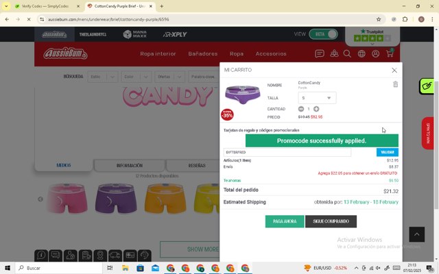AussieBum checkout page showing AussieBum promo code box | Screenshot taken by SimplyCodes community member on Feb 8, 2025