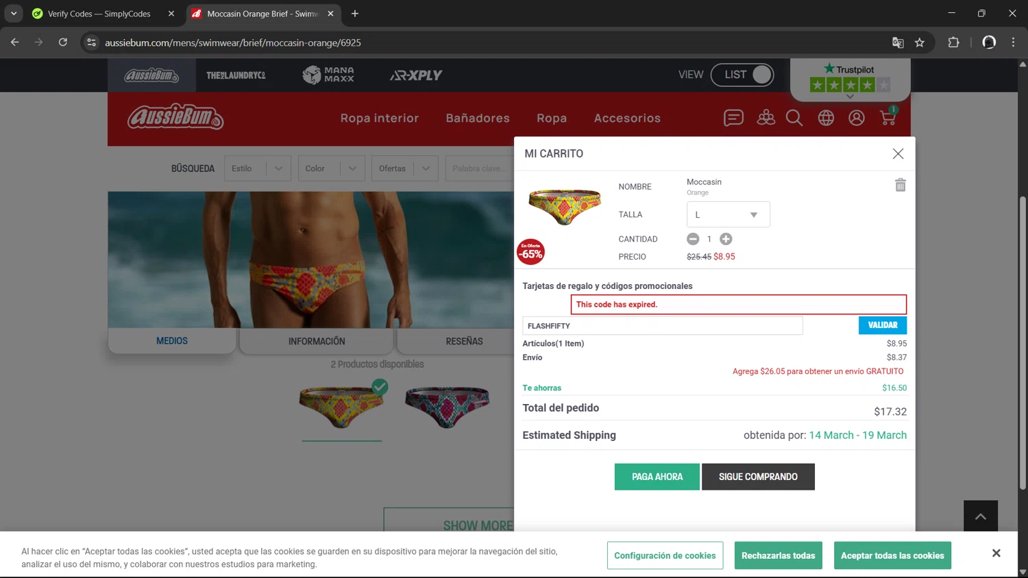 AussieBum promo code screenshot showing code FLASHFIFTY applied at AussieBum checkout page. Uploaded by SimplyCodes community member ArthurMorgan on Mar 9, 2025