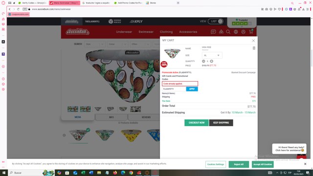 AussieBum checkout page showing AussieBum promo code box | Screenshot taken by SimplyCodes community member on Mar 5, 2025